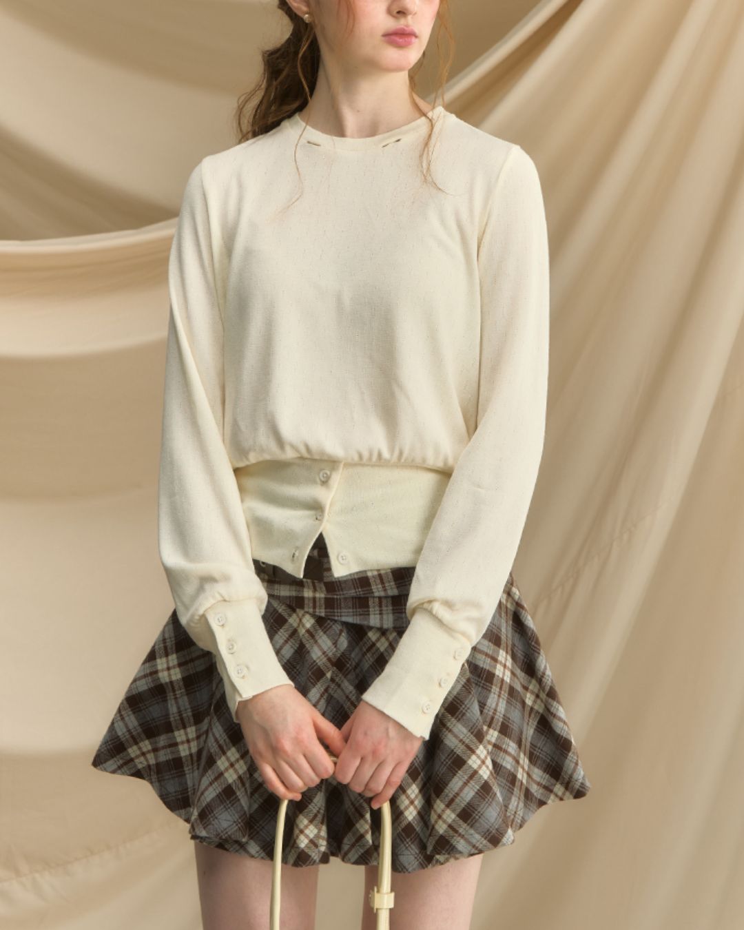 Checkered Scarf Buttoned Top　LT005