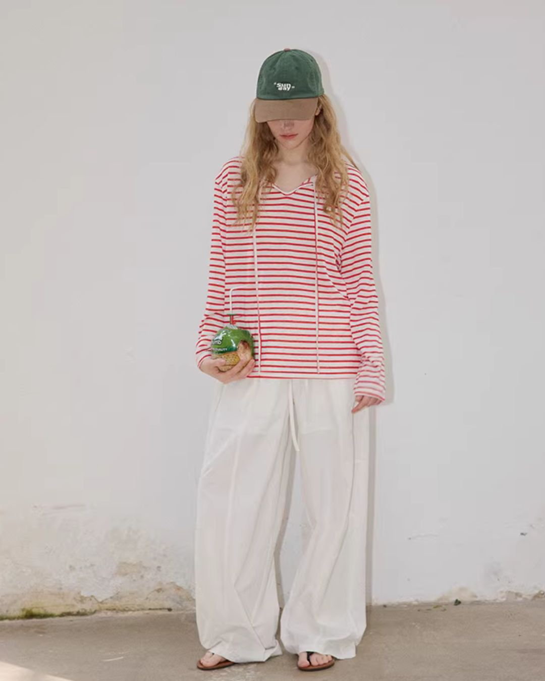 Drawstring V-neck Border T-shirt　LT027