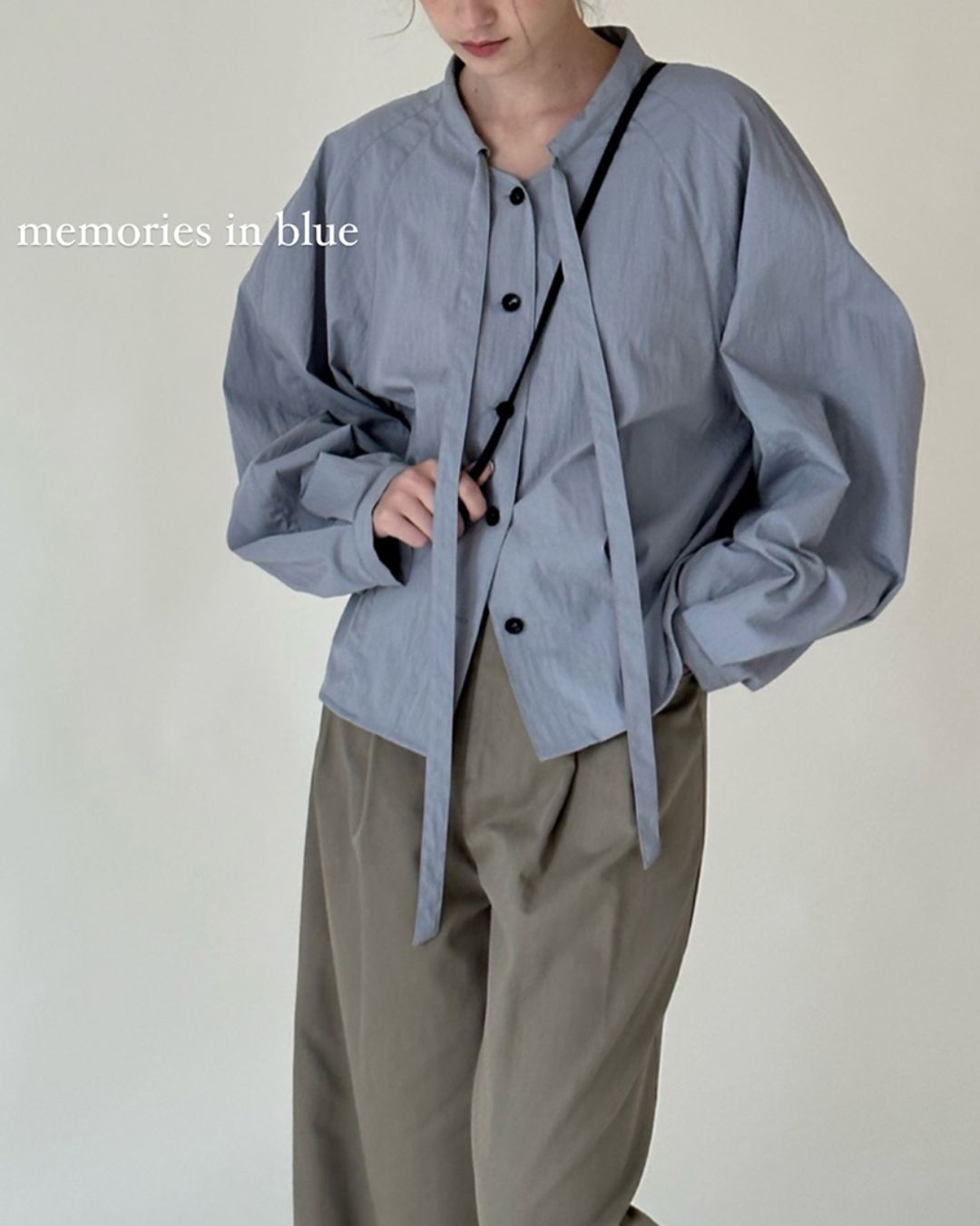 Pleated Raglan Bow Tie Shirt　LS021