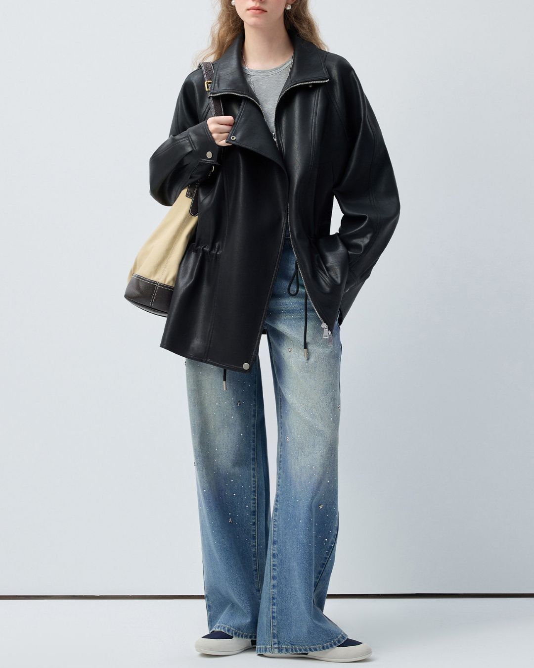 Drawstring Waist Mid-length Leather Jacket　JK086