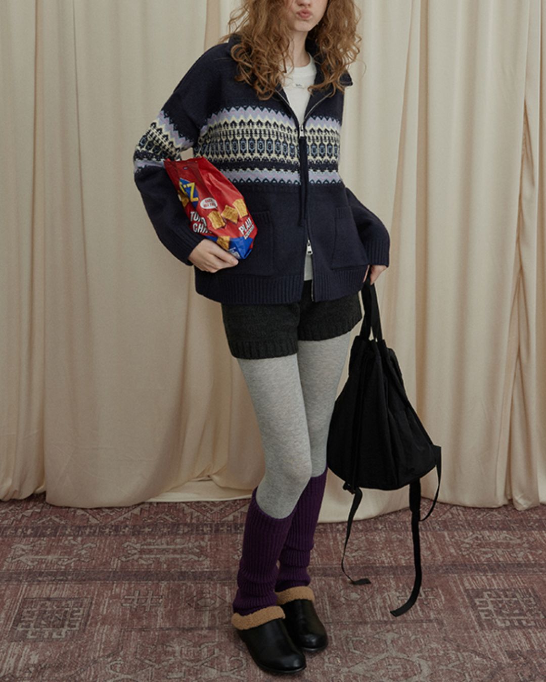 Stand-collar Fair Isle Knit Cardigan　KN049