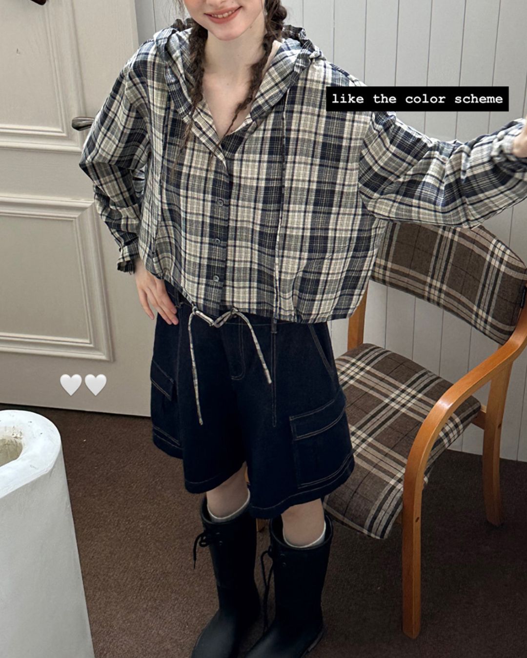 Hooded Drawstring Checked Shirt　LS018