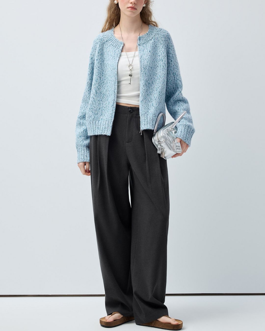 Double-zip Crew Neck Nep Knit Cardigan　KN100