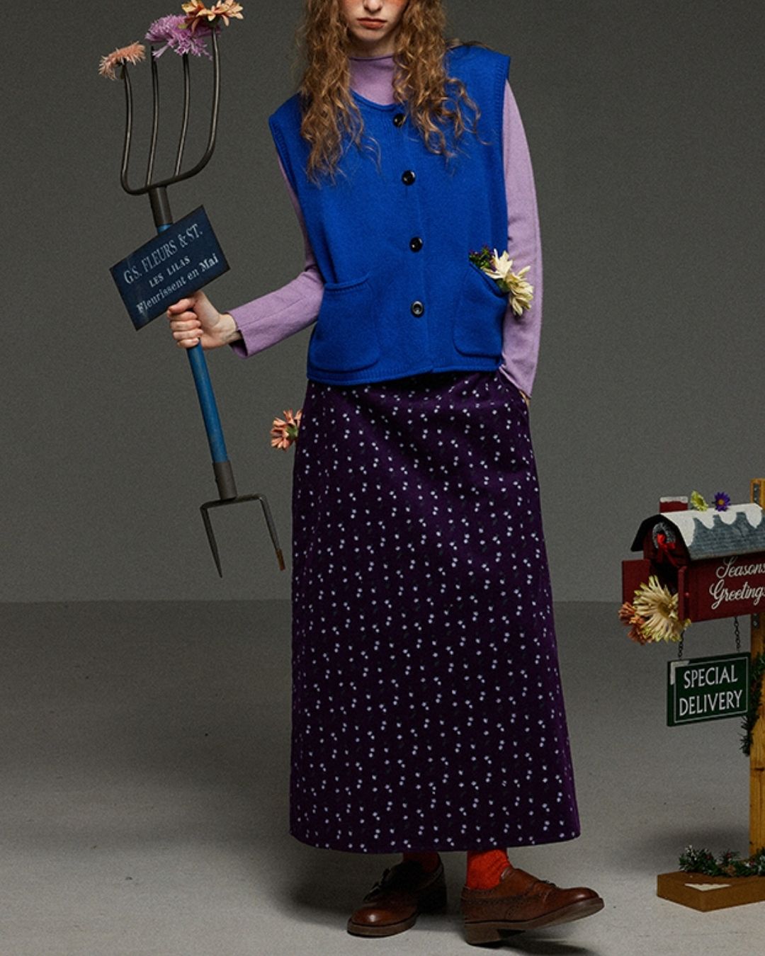 Retro Flower Corduroy Long Skirt　SK013