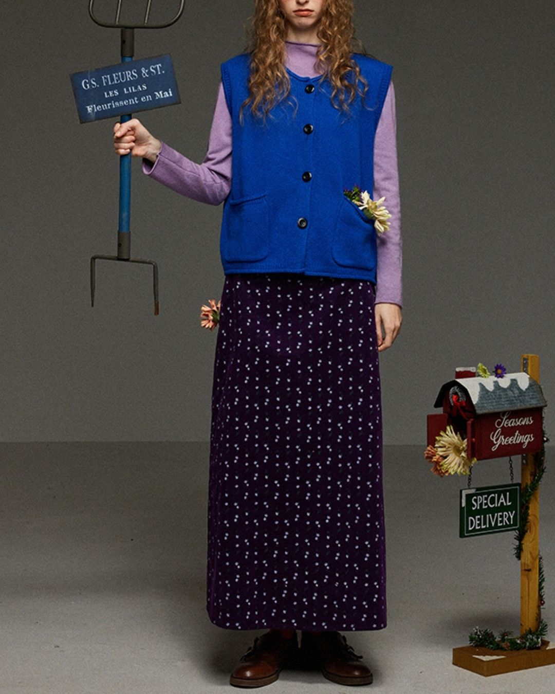 Retro Flower Corduroy Long Skirt　SK013