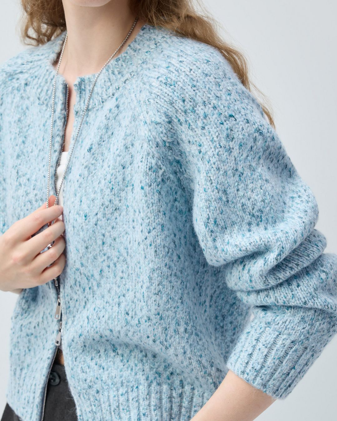 Double-zip Crew Neck Nep Knit Cardigan　KN100