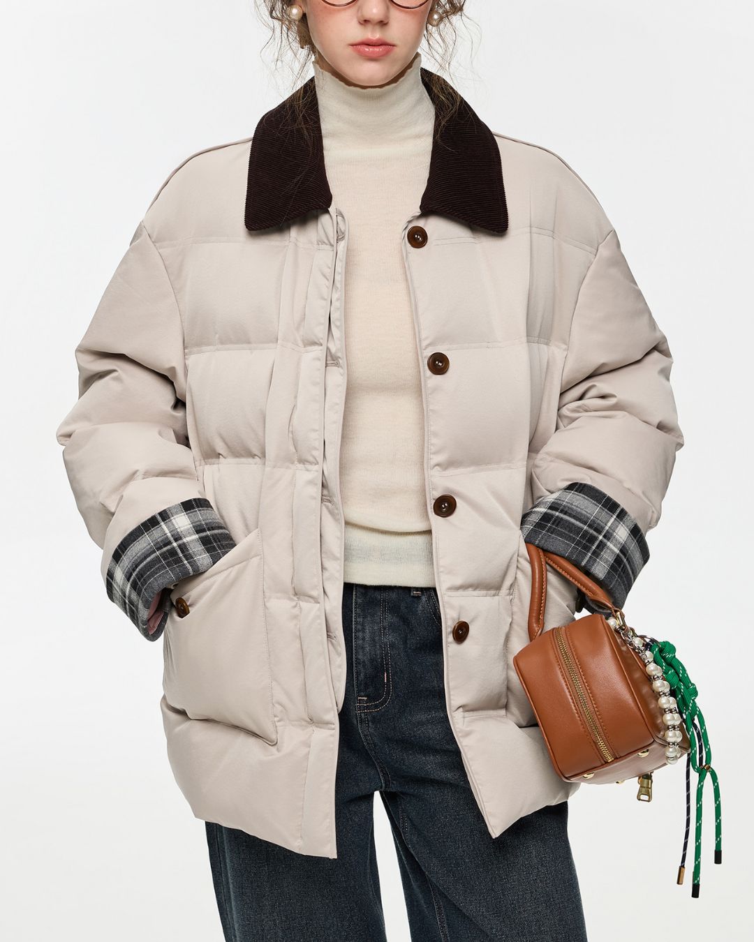 Collared Check Sleeve Down Jacket　JK060