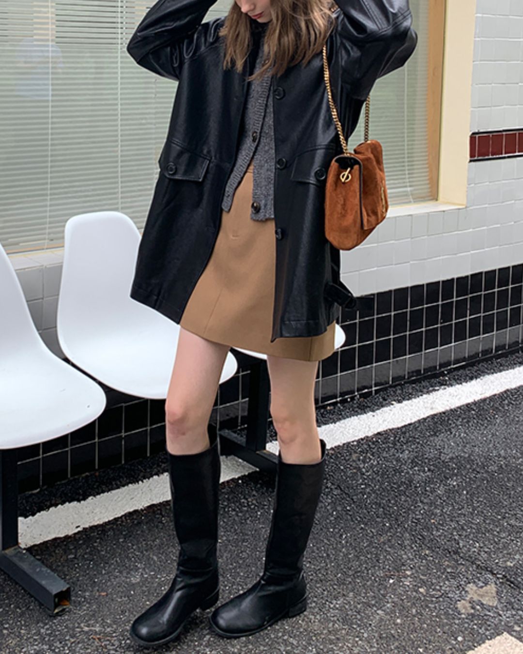 Mid-length Collared Leather Jacket　JK036