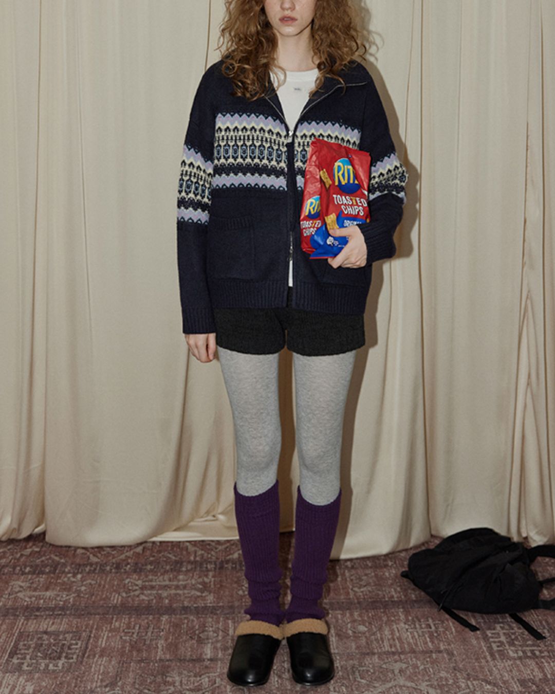 Stand-collar Fair Isle Knit Cardigan　KN049