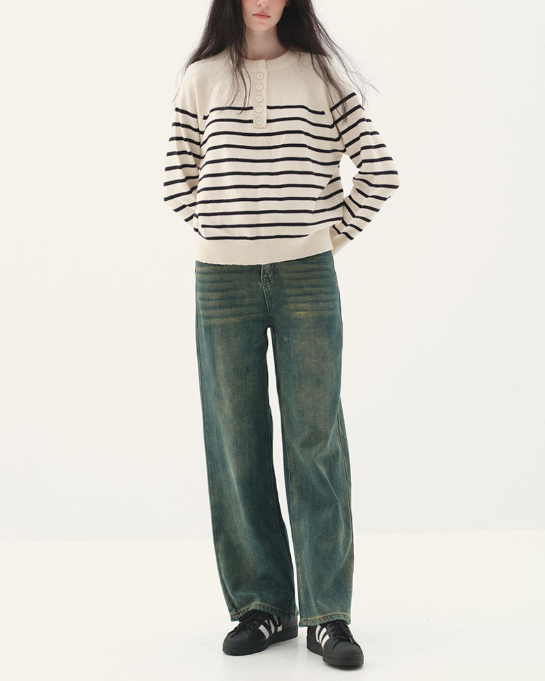 Half-button Border Sweater　KN002