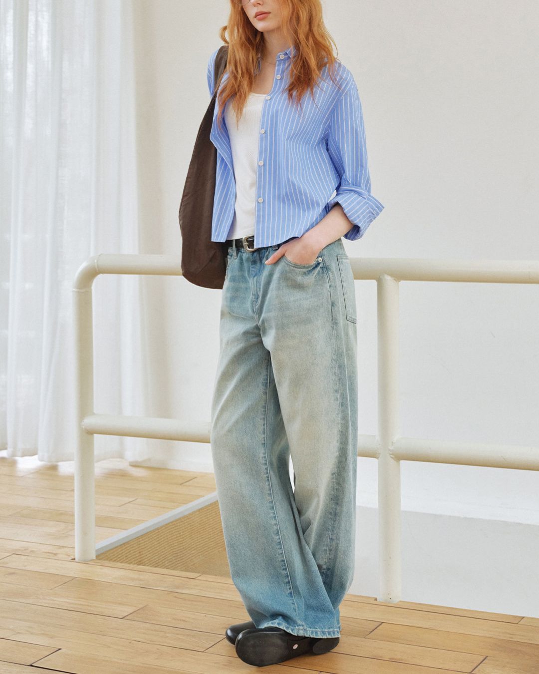 Blue Striped Cropped Shirt　LS052