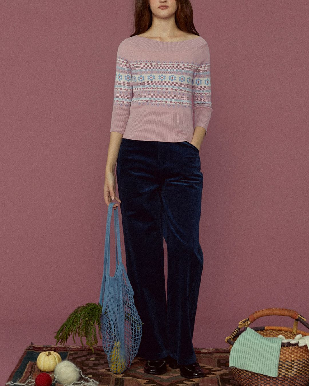 Retro Cherry Blossom Fitted Nordic Knit　KN095