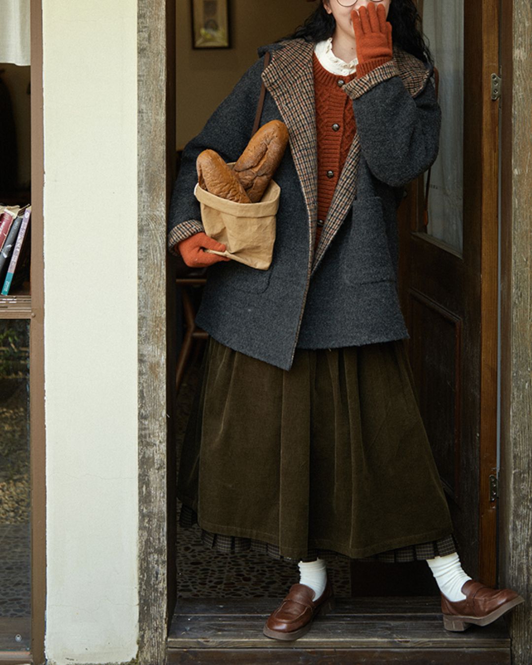 Checked Lined Wool Hooded Coat　CT017