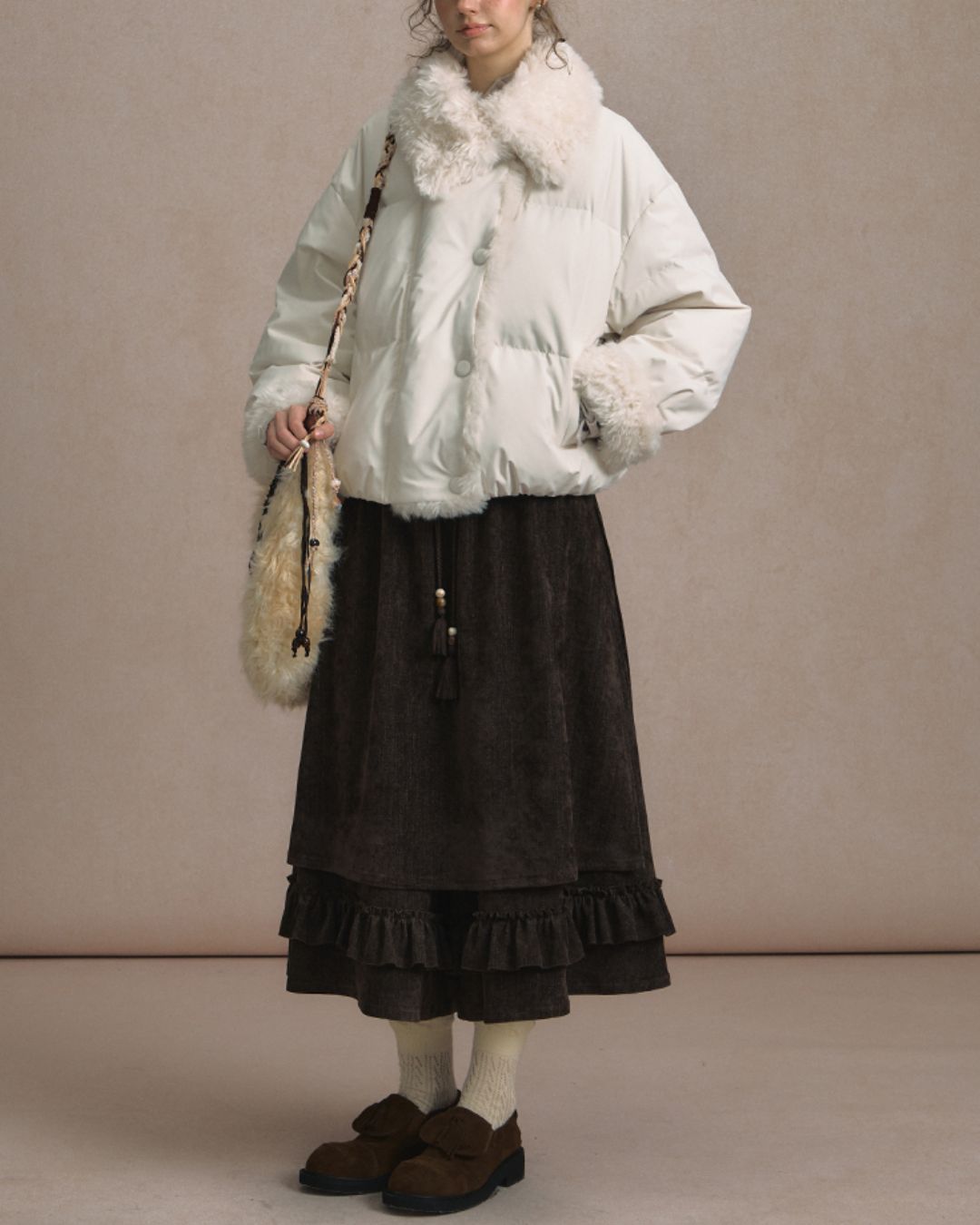 Asymmetrical Fur Short Down Jacket　JK065