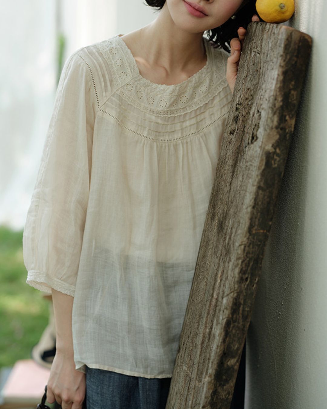 Lace Square Neck Ramie Shirt　LS062