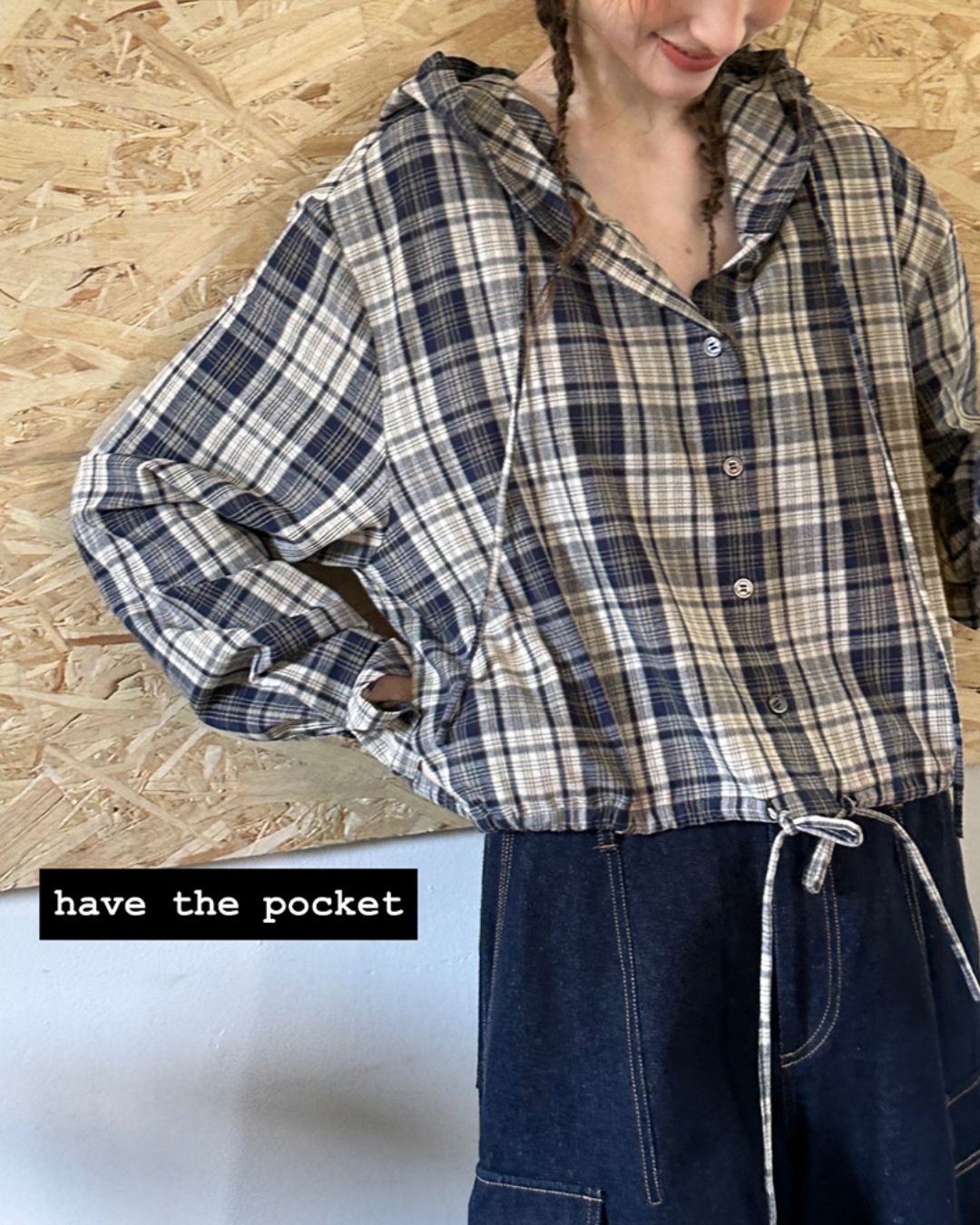 Hooded Drawstring Checked Shirt　LS018