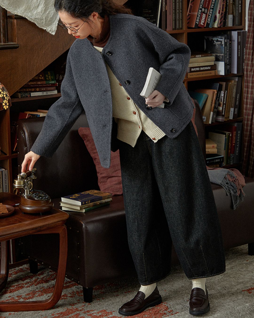 Collarless Relaxed Wool Jacket　JK033