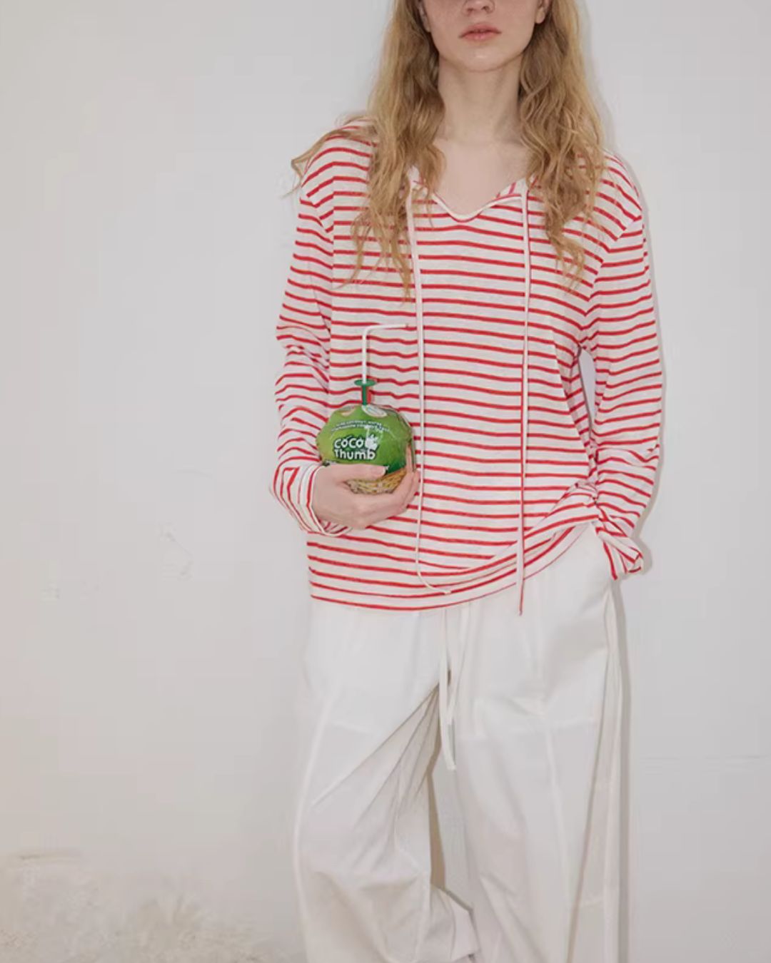 Drawstring V-neck Border T-shirt　LT027