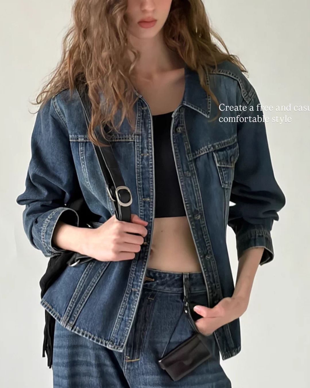 Washed Denim Shirt Jacket & Wide Denim Pants　JK091
