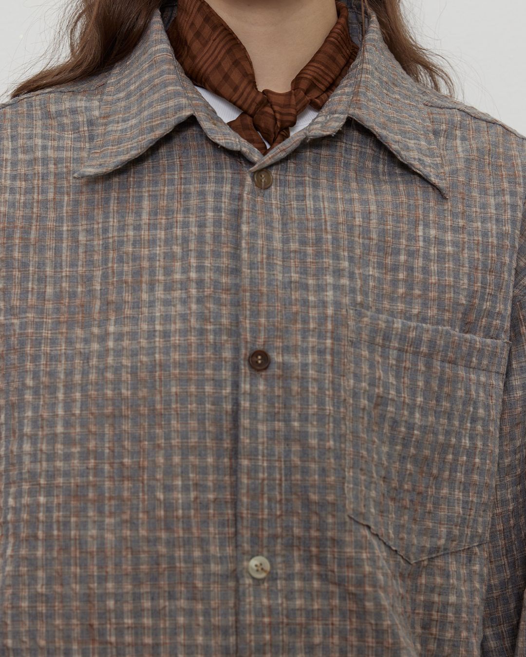 Gradient Button Gray-brown Check Shirt　LS048