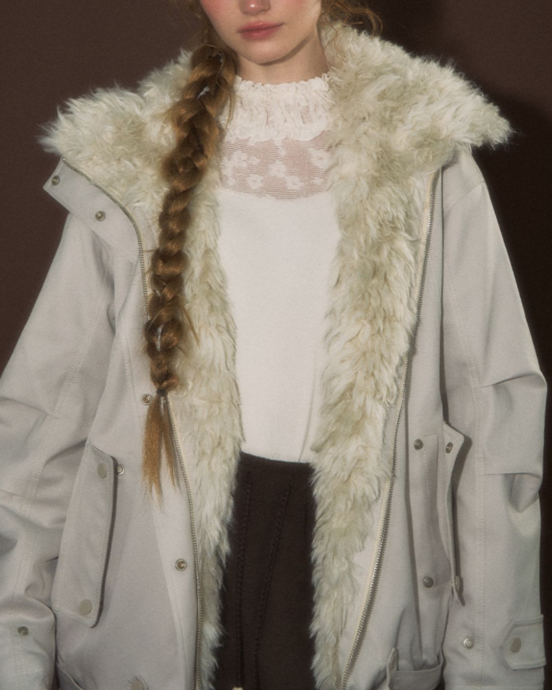 Belted Fur-lined Twill Jacket　JK064