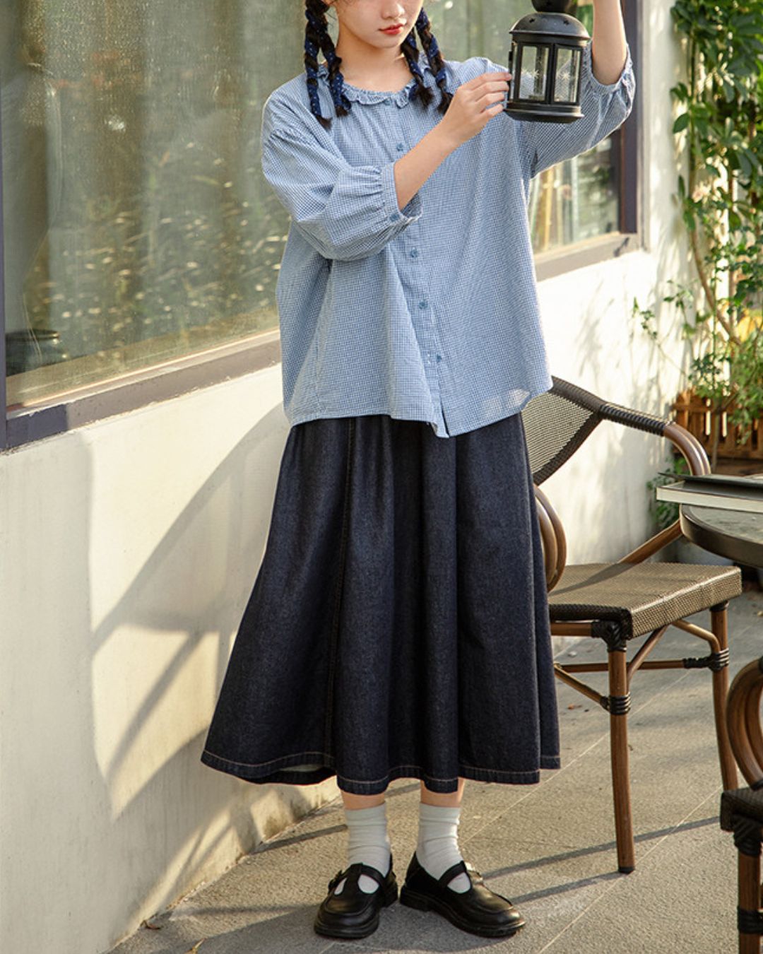 Frilled Collar Gingham Check Shirt　LS060