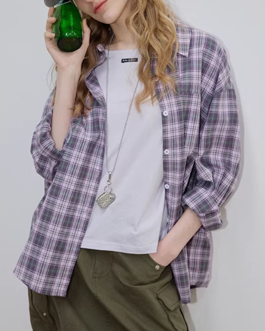 Light Purple Relaxed Check Shirt　LS069