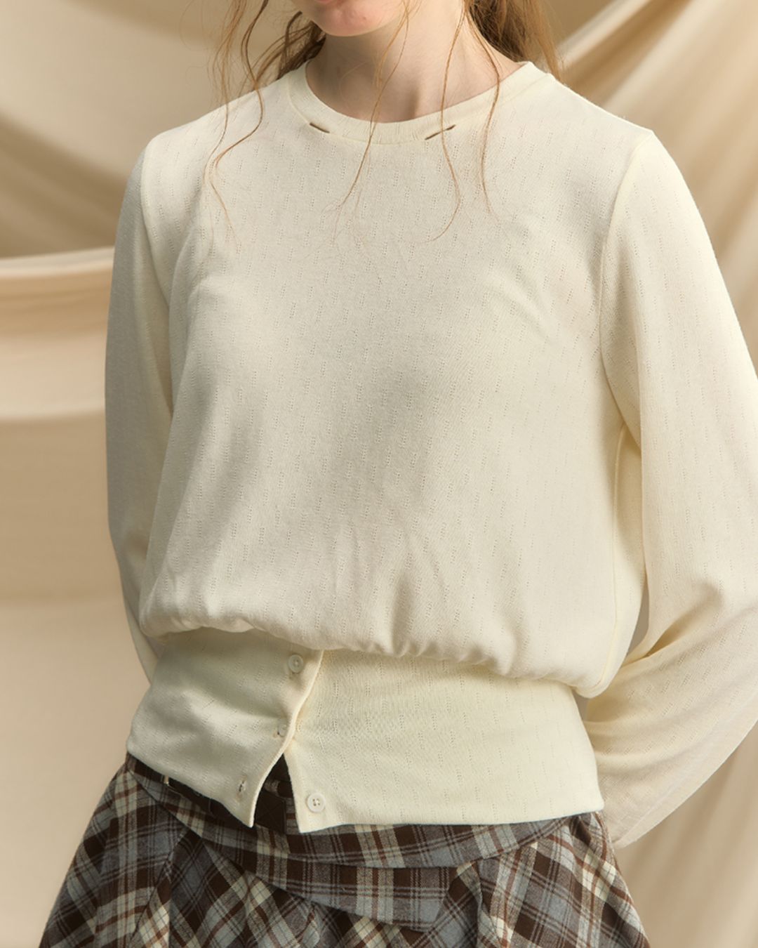 Checkered Scarf Buttoned Top　LT005