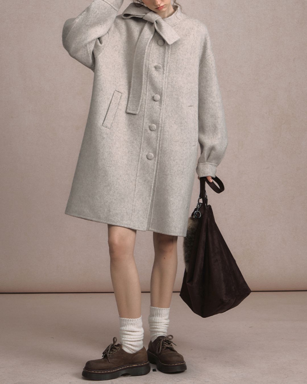 Bow-tied Pleated Cuff Wool Coat　CT026