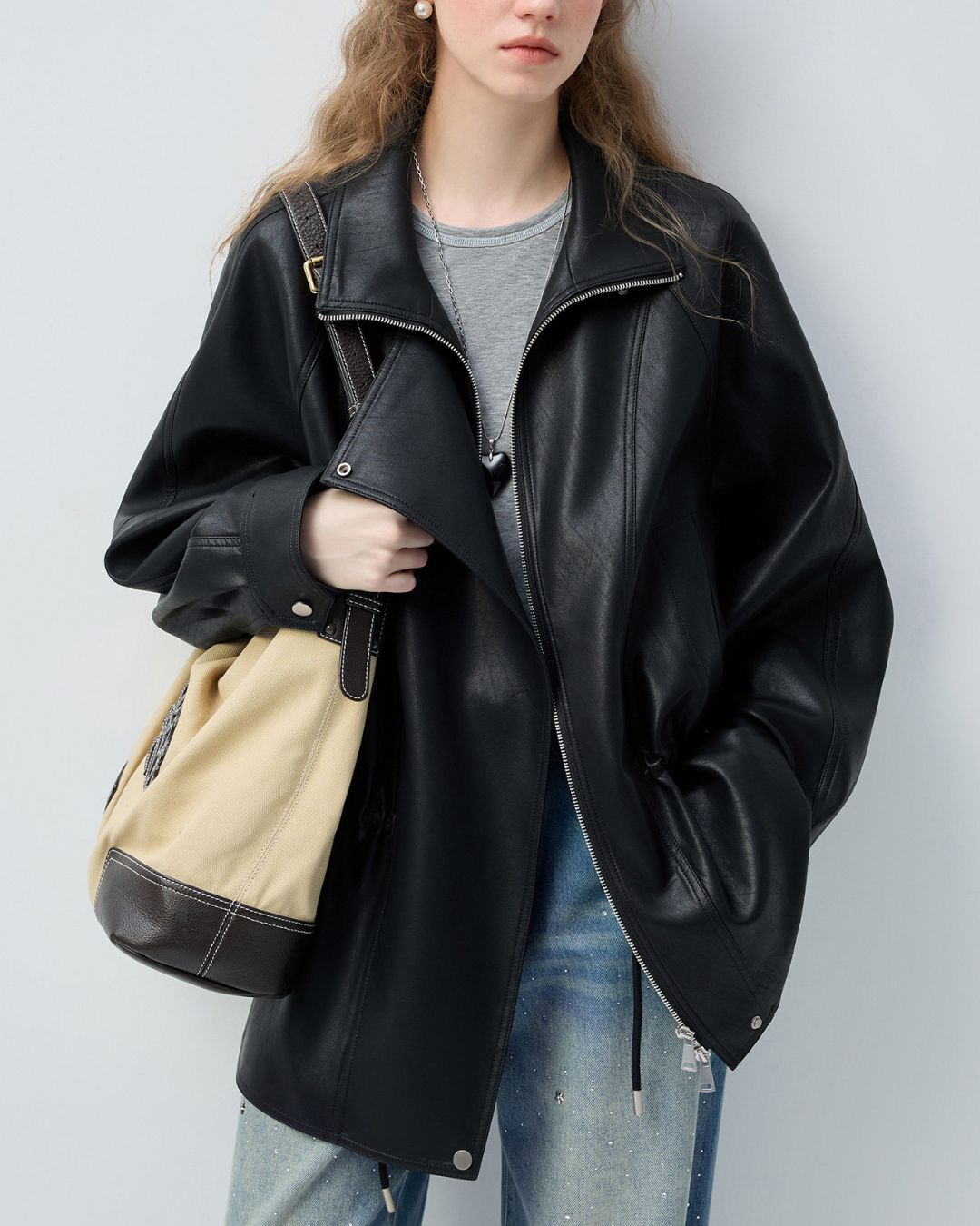 Drawstring Waist Mid-length Leather Jacket　JK086