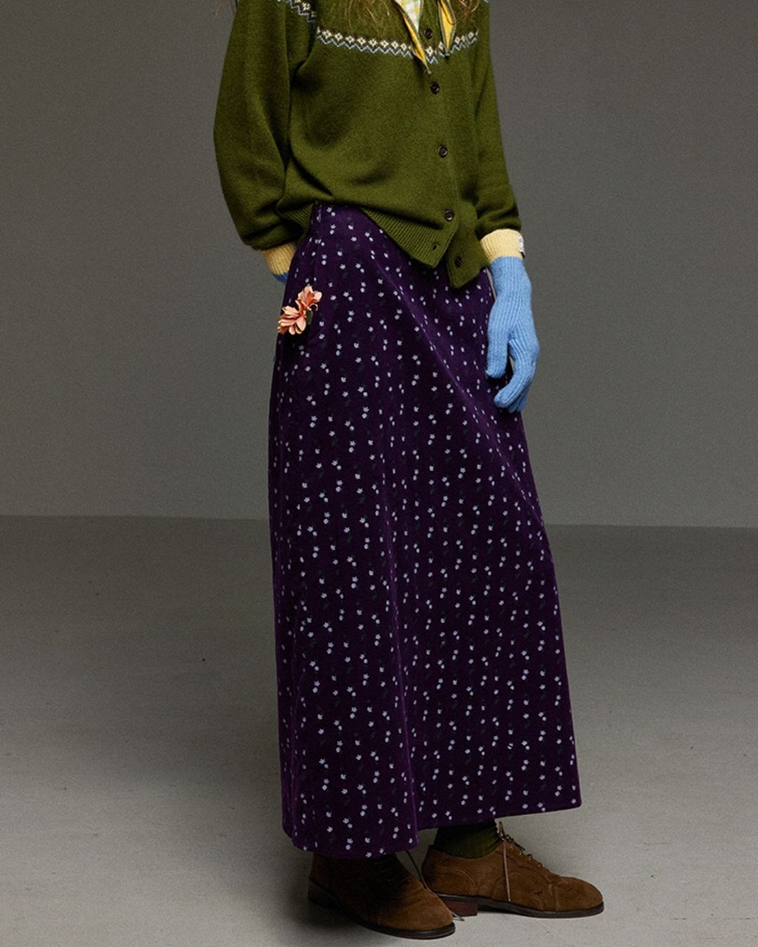 Retro Flower Corduroy Long Skirt　SK013