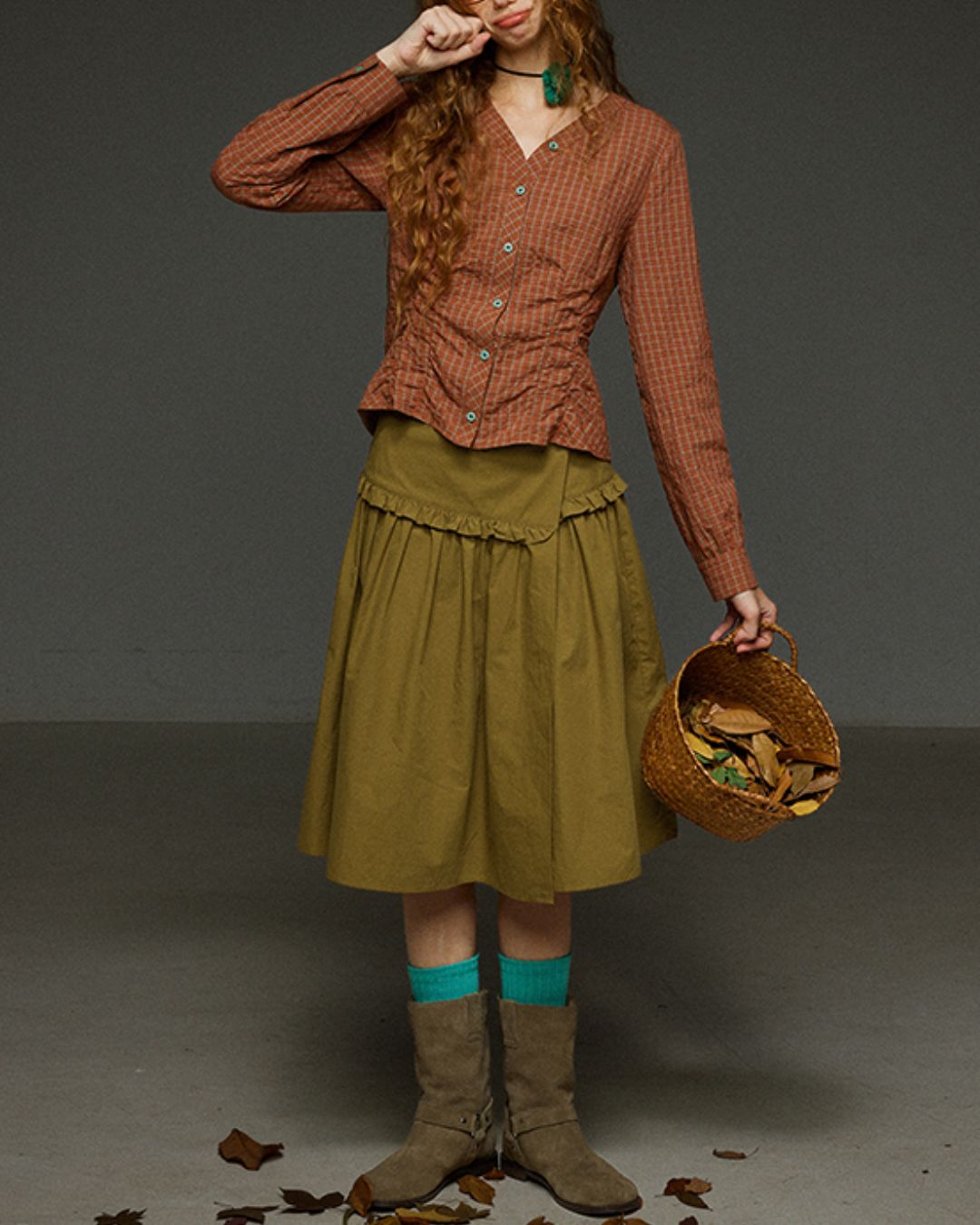 Check V-neck Shirred Shirt　LS028