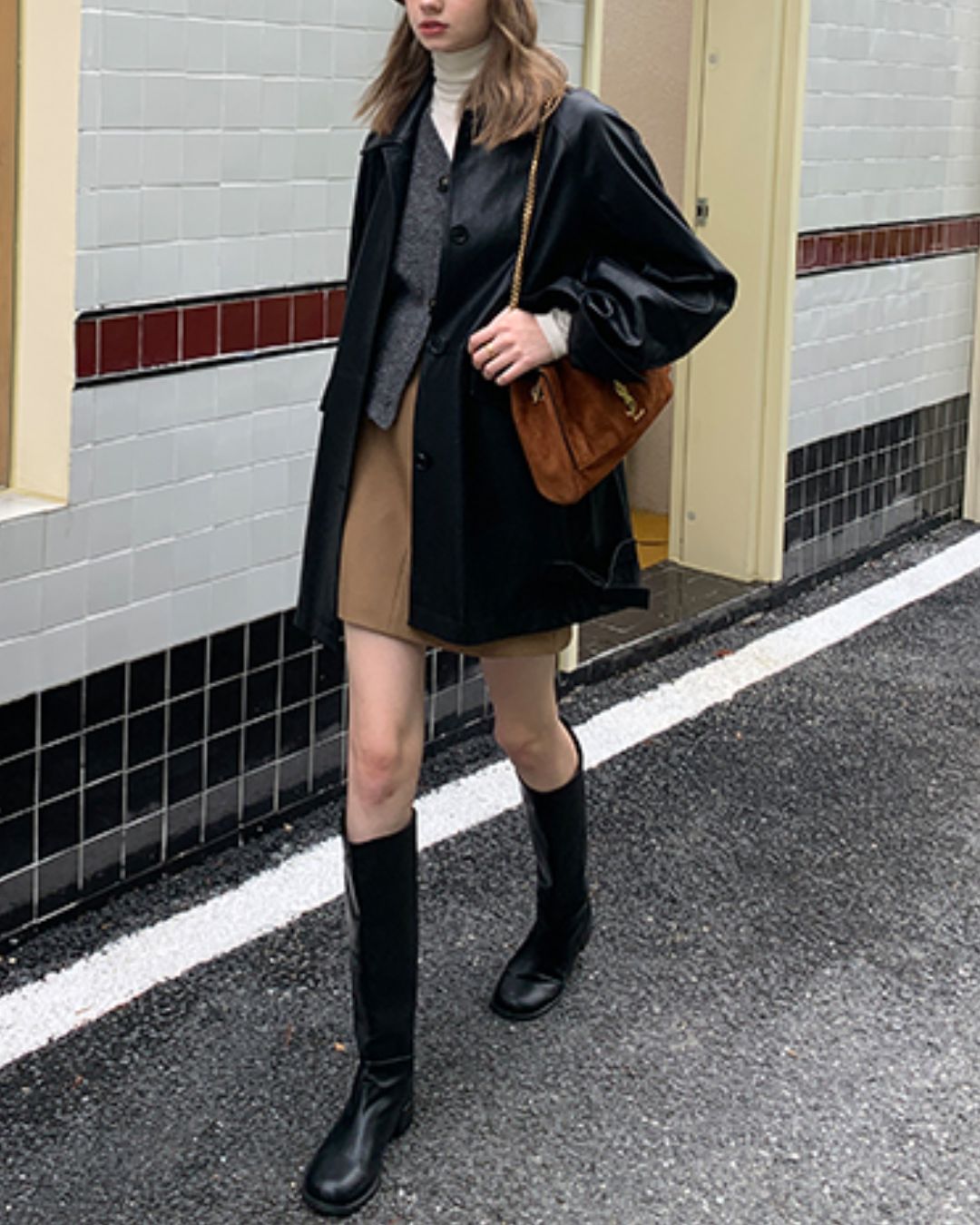 Mid-length Collared Leather Jacket　JK036