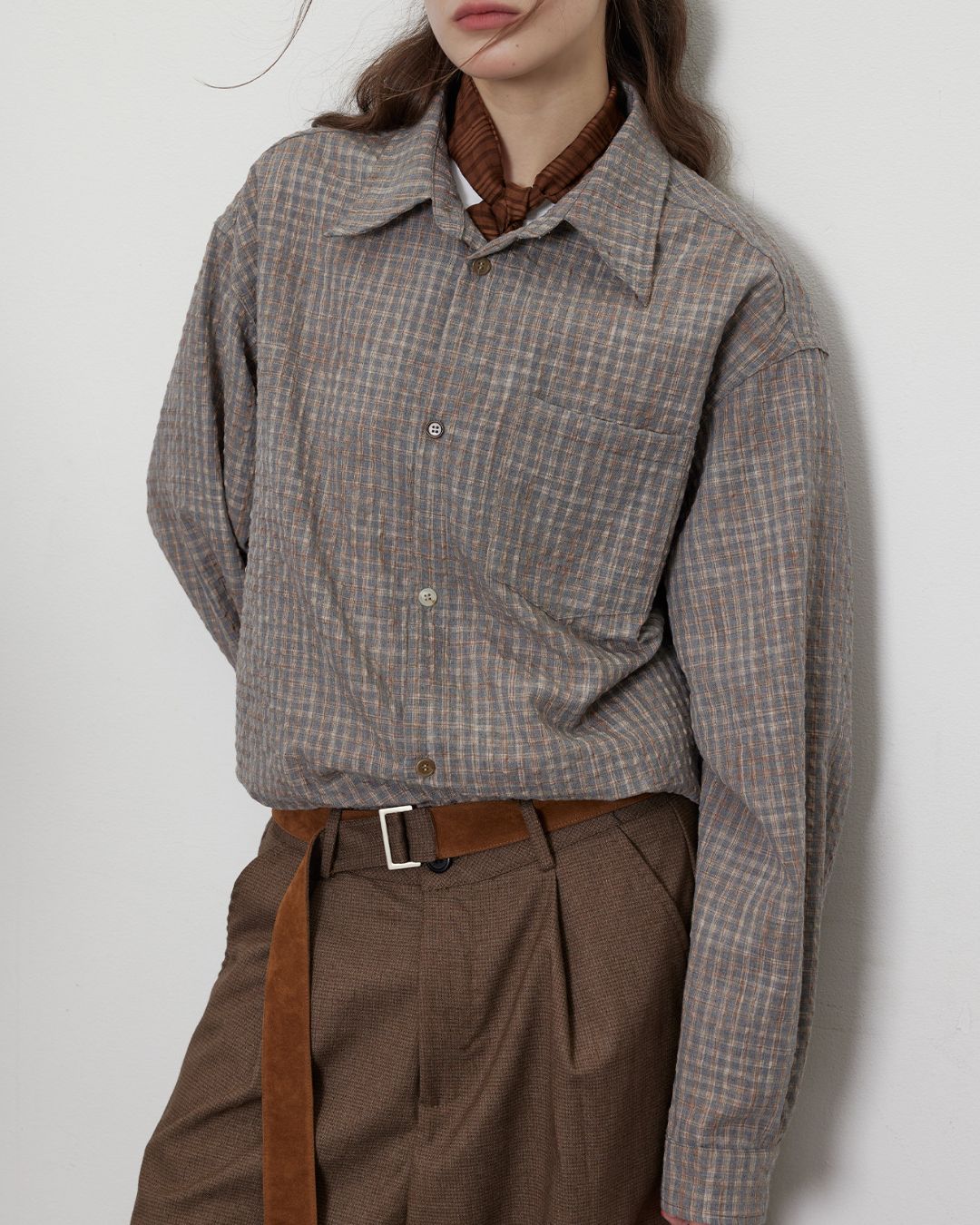 Gradient Button Gray-brown Check Shirt　LS048