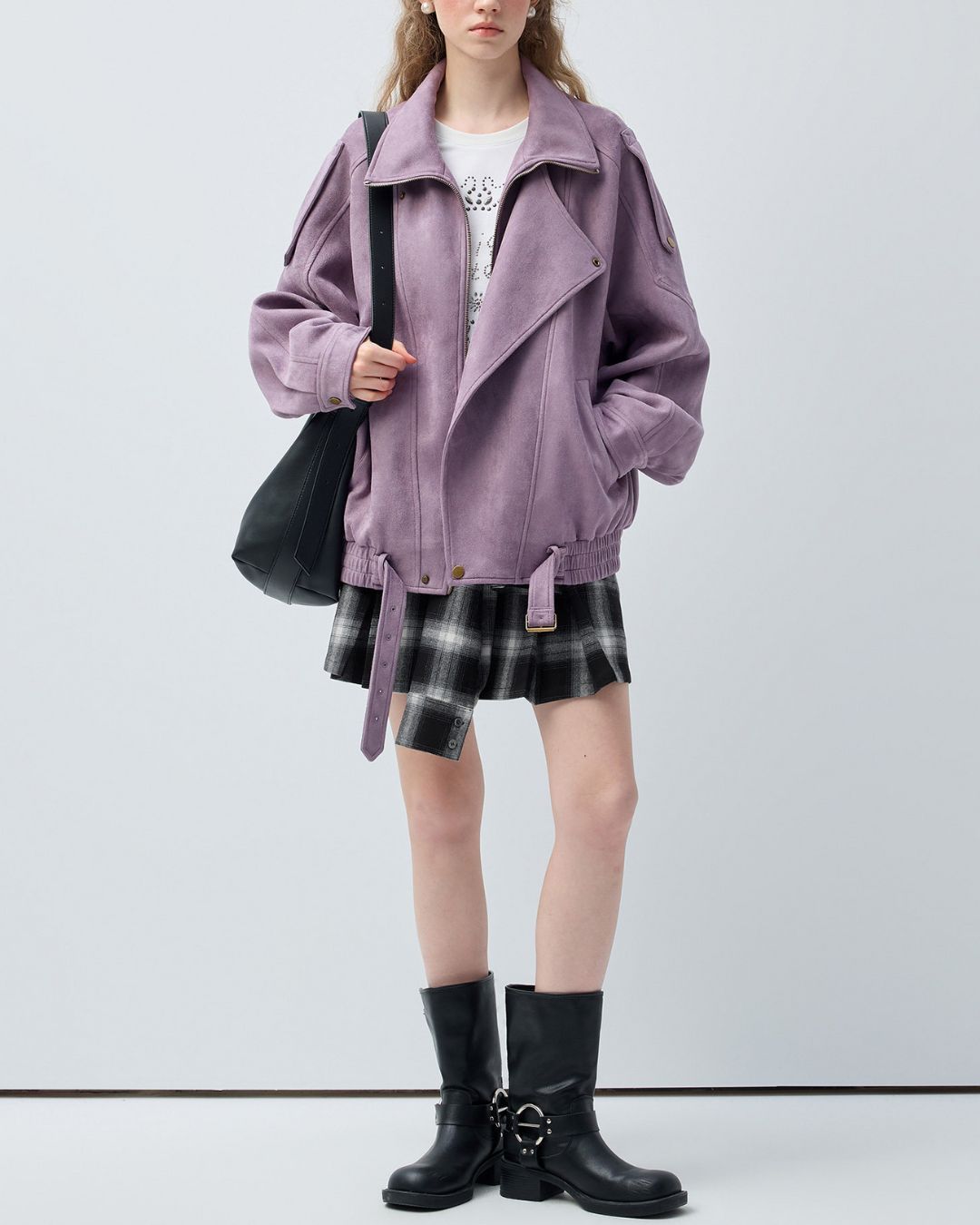 Oversized Lilac Suede Rider's Jacket　JK084