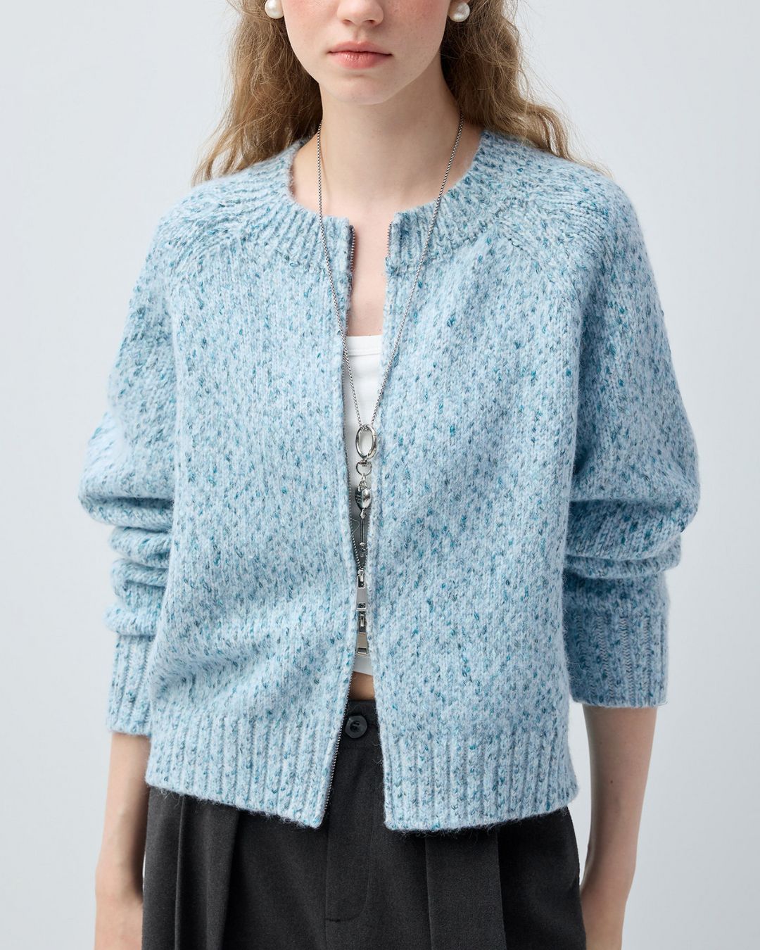 Double-zip Crew Neck Nep Knit Cardigan　KN100