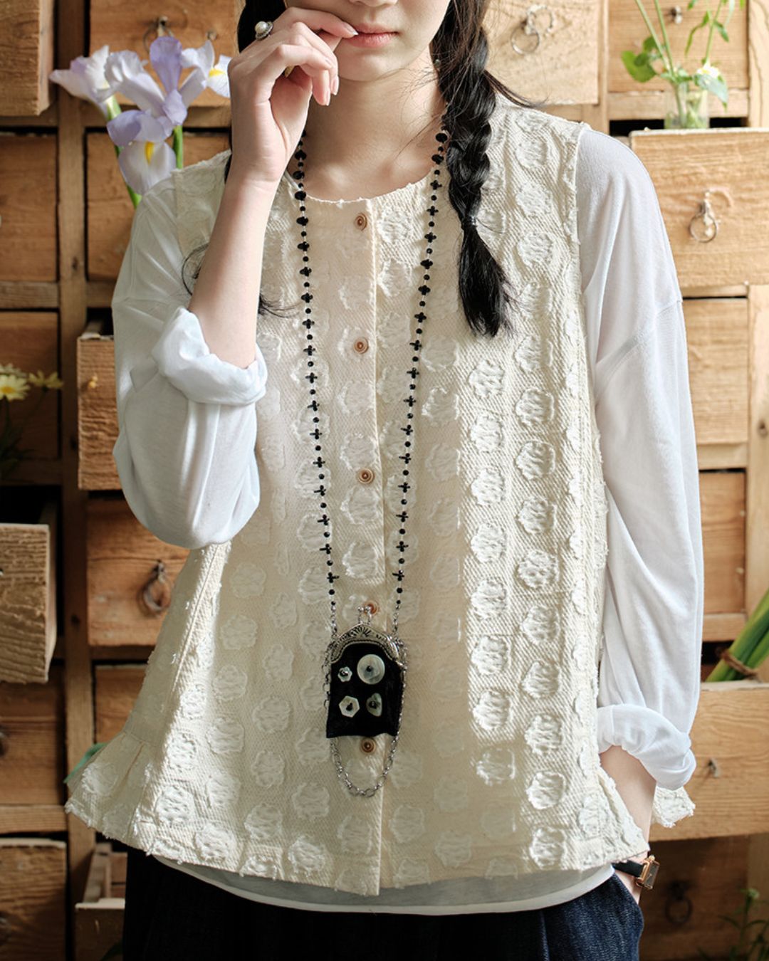 Cotton Linen Jacquard Peplum Vest　VT017