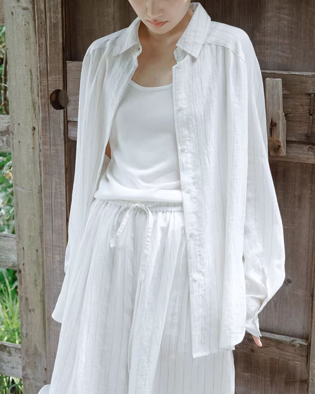 Linen Blend Oversized Striped Shirt　LS064