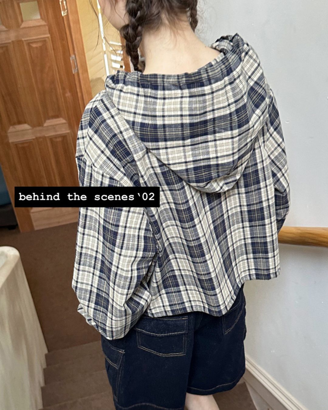 Hooded Drawstring Checked Shirt　LS018