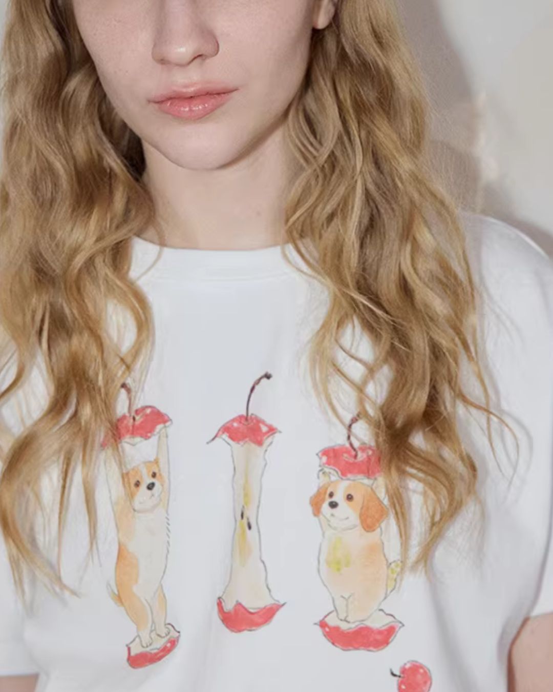 Puppy & Apple Print T-Shirt　ST006