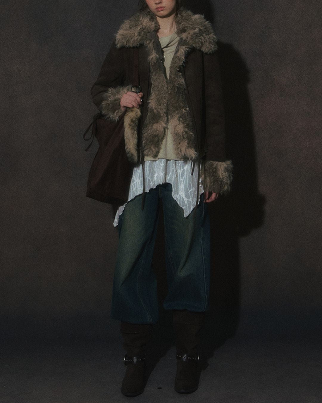 Ribbon-tied Fur Suede Jacket　JK066