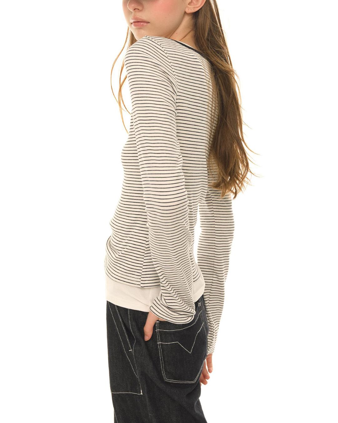 Henley Neck Border T-shirt　LT010