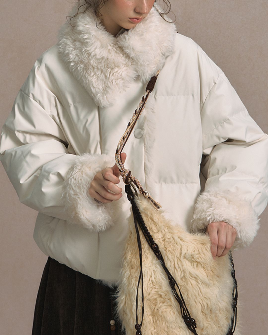 Asymmetrical Fur Short Down Jacket　JK065