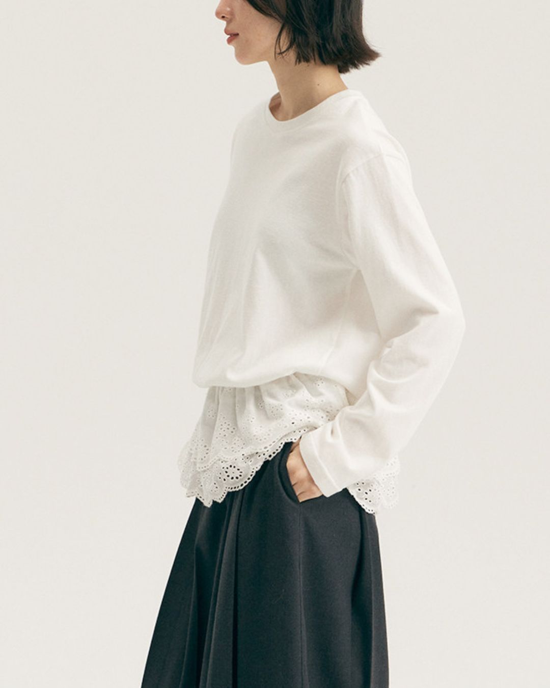 Waist Gathered Lace Frill T-shirt　LT023