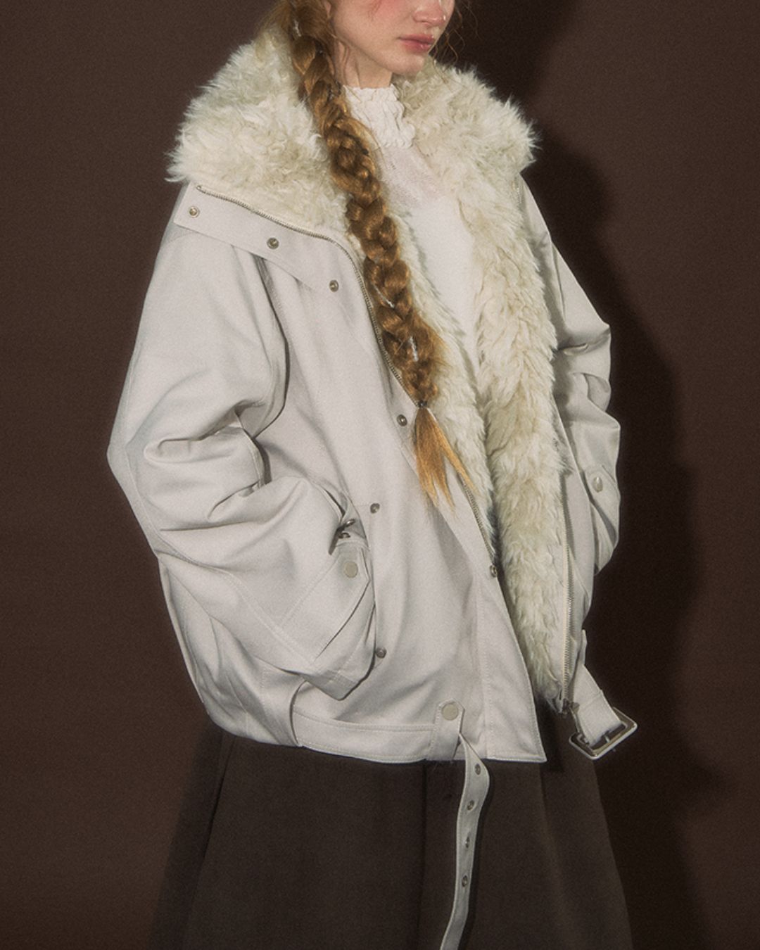 Belted Fur-lined Twill Jacket　JK064