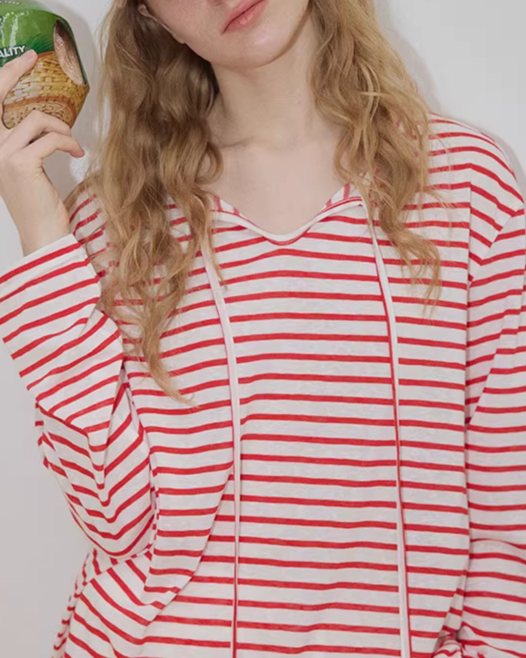 Drawstring V-neck Border T-shirt　LT027
