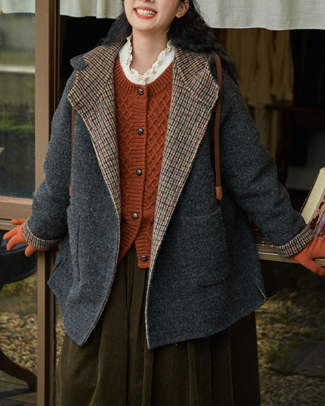 Checked Lined Wool Hooded Coat　CT017