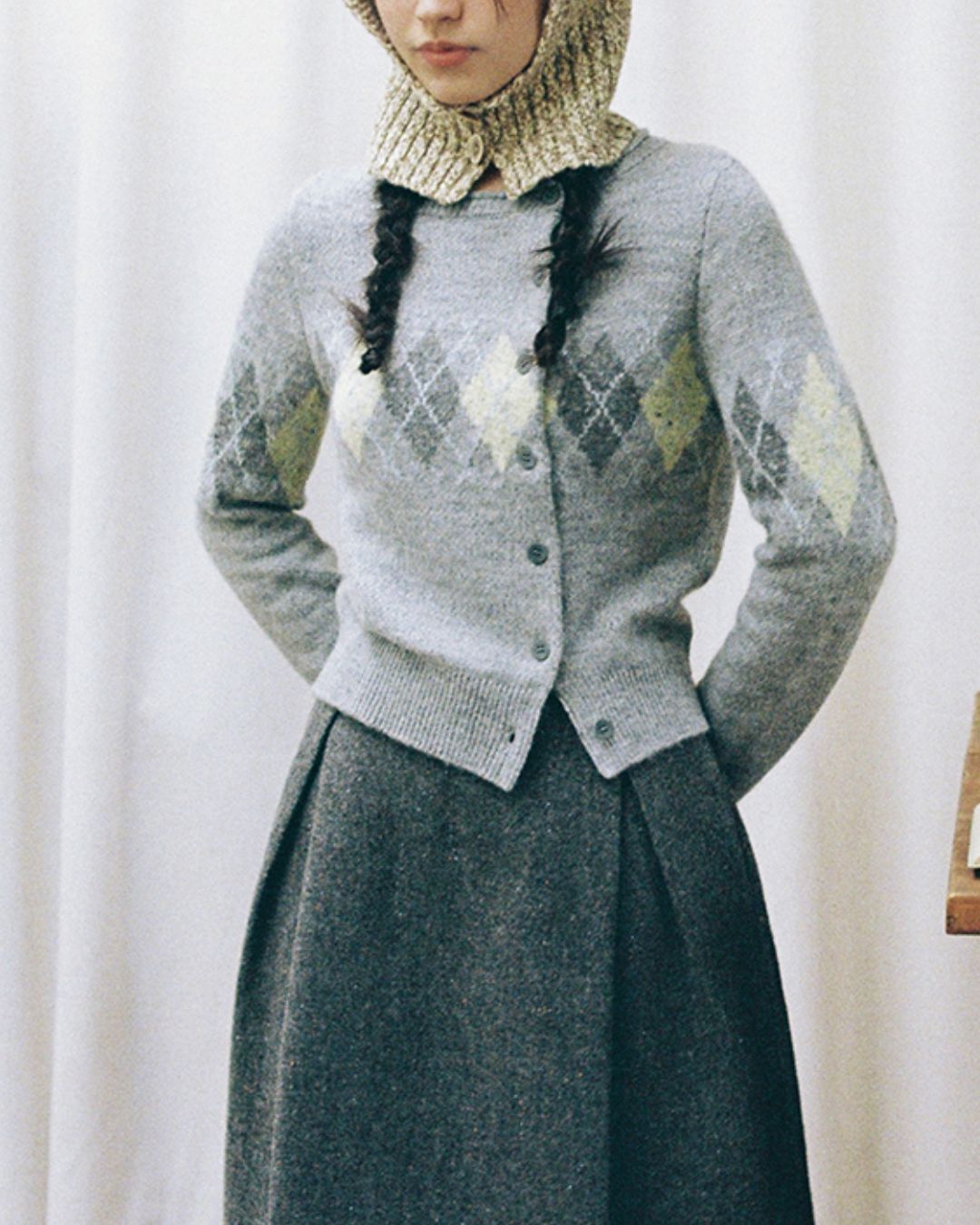 Asymmetrical Argyle Knit Cardigan　KN082