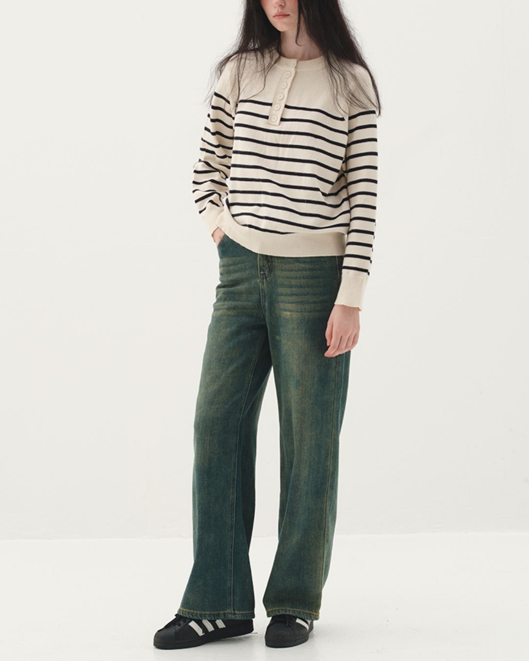 Half-button Border Sweater　KN002