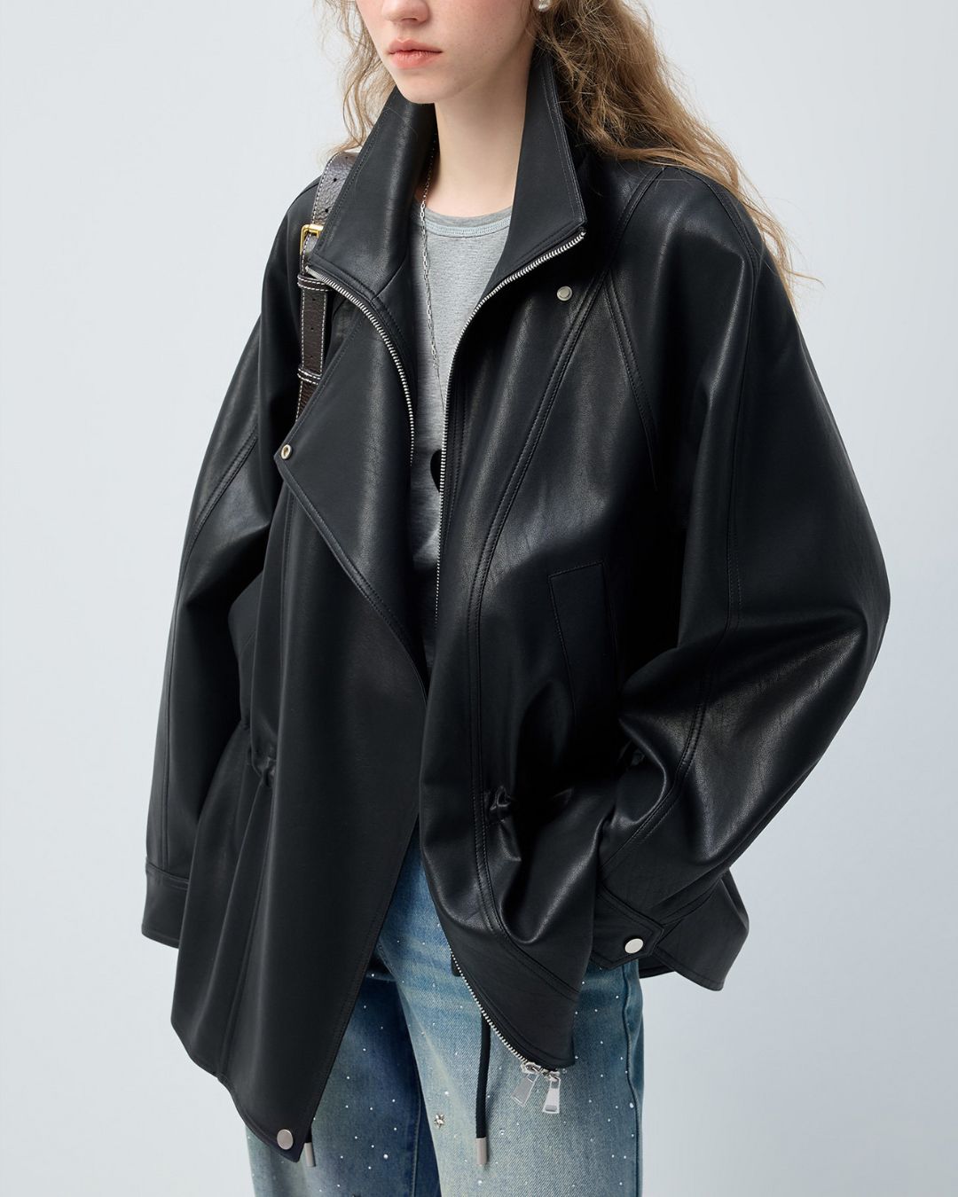 Drawstring Waist Mid-length Leather Jacket　JK086